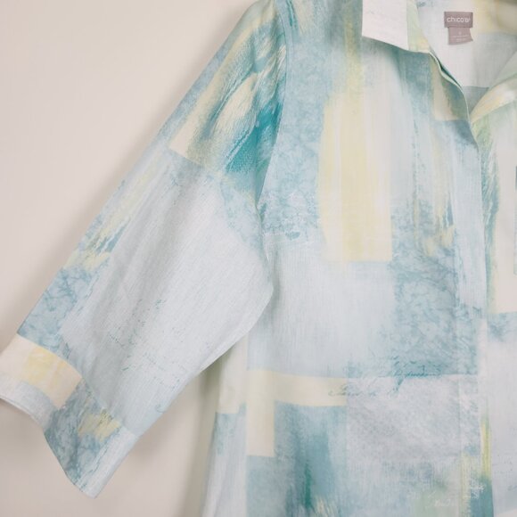 Chico's Size 3 (US 16/18) 3/4 Sleeve Green Yellow Cotton 3/4 Sleeve Top Blouse - Picture 3 of 8